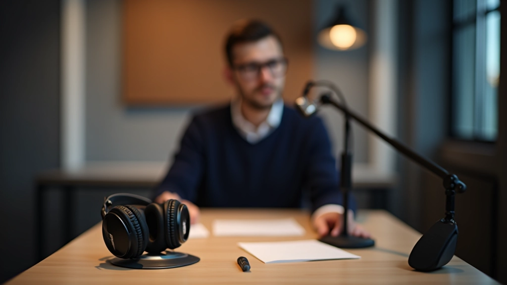 Estúdio profissional de aprendizagem com equipamento de áudio de alta qualidade e fones de ouvido premium em ambiente moderno