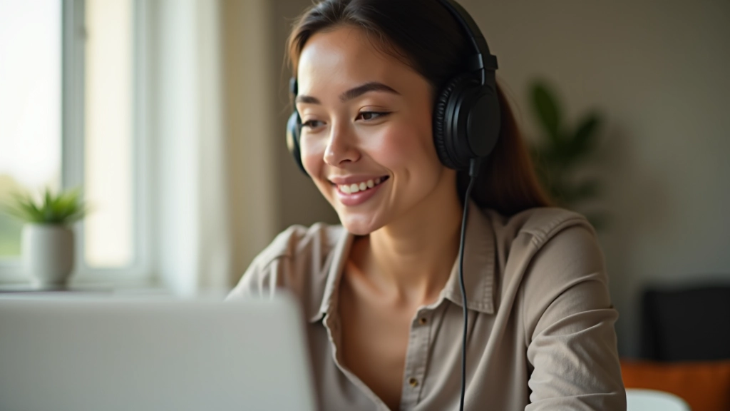 Pessoa usando fones de ouvido enquanto aprende inglês através de podcast em ambiente confortável